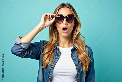 Blonde Woman Expressing Surprise in Sunglasses and Denim, Vibrant Turquoise Backdrop