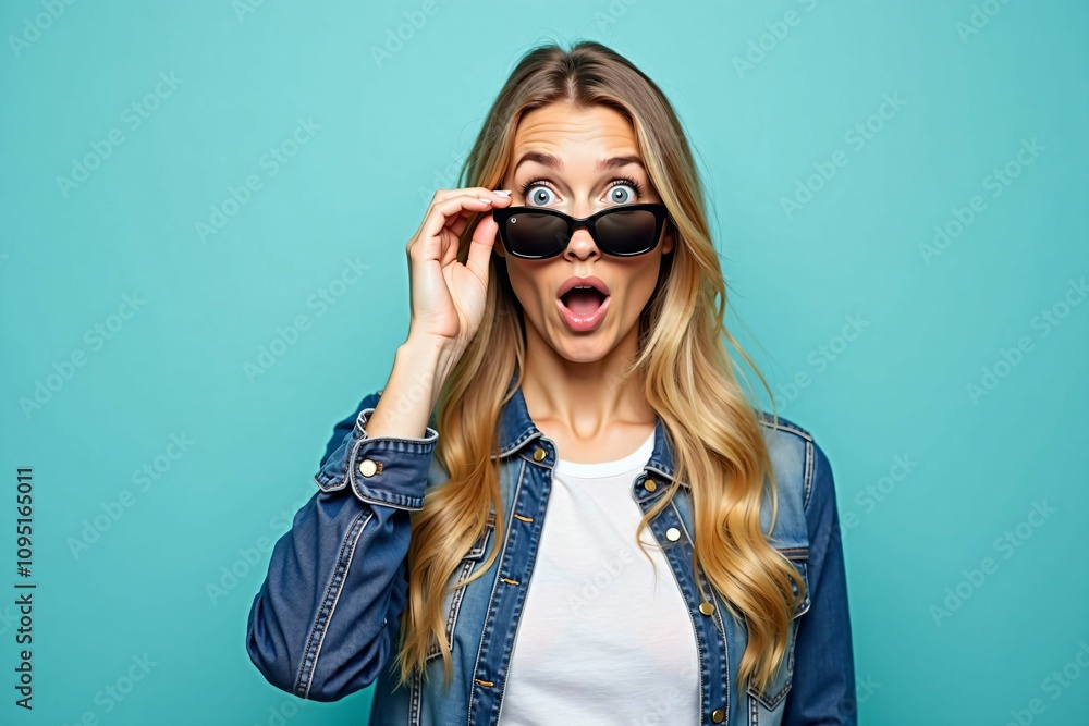 Blonde Woman Expressing Surprise in Sunglasses and Denim, Vibrant Turquoise Backdrop Blonde Woman Expressing Surprise in Sunglasses and Denim, Vibrant Turquoise Backdrop