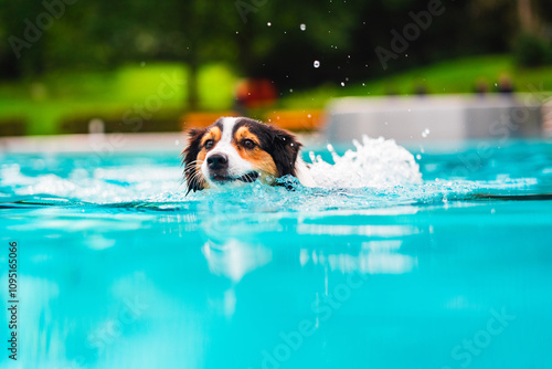 Australian Shepherd in Saphire Blue Water Splashing Droples While Swimming in the Pool photo