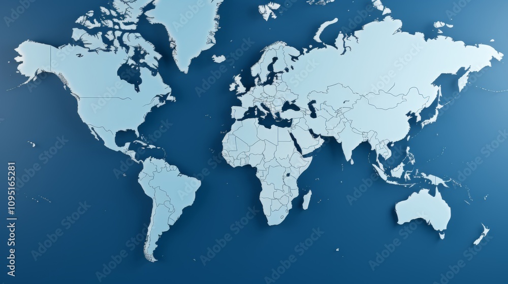 Stylized 3d world map design on serene blue gradient background for a modern aesthetic Stylized 3d world map design on serene blue gradient background for a modern aesthetic