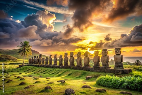 Vintage Style Photography of Ahu Vinapu, Capturing Ancient Moai Statues on Easter Island with a Nostalgic Feel, Emphasizing Natural Surroundings and Historical Significance photo