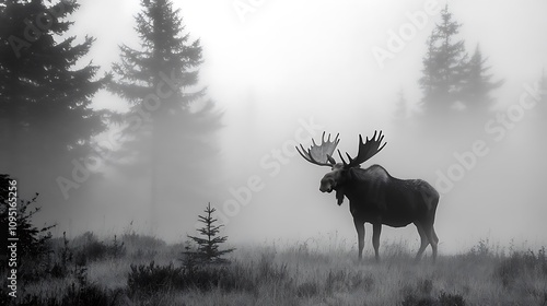 Moose in the Mist of a Foggy Forest. AI Generated