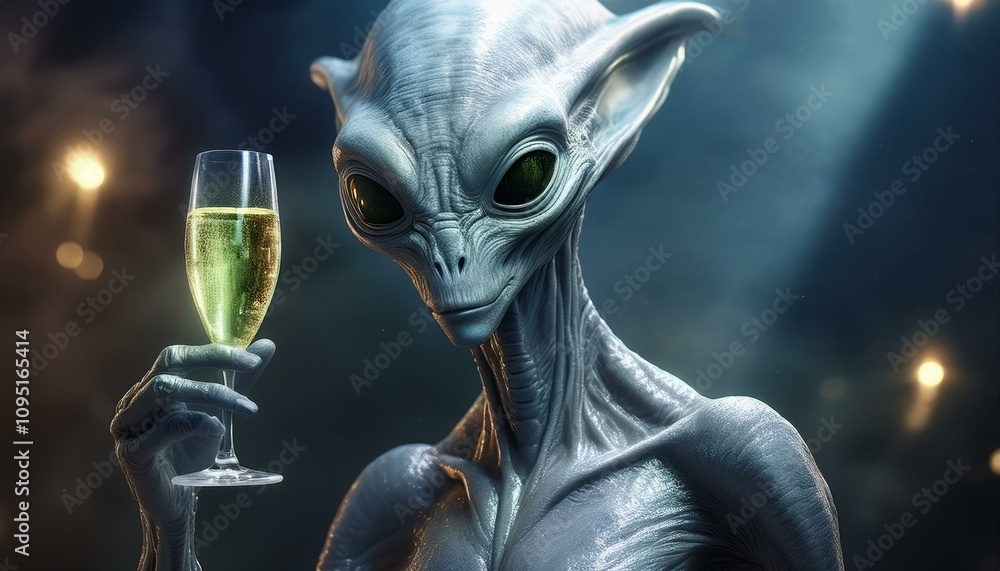 Naklejka premium an alien with a glass of champagne