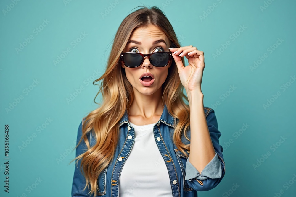 Fototapeta premium Surprised Young Woman Wearing Sunglasses and Denim Jacket Against a Turquoise Background
