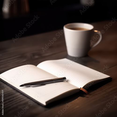 A cup of coffee next to open notebook and pen on a table