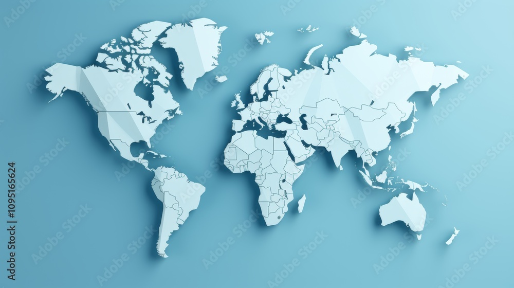 Minimalist 3d world map design on soft blue gradient background with simplified earth representation Minimalist 3d world map design on soft blue gradient background with simplified earth representation