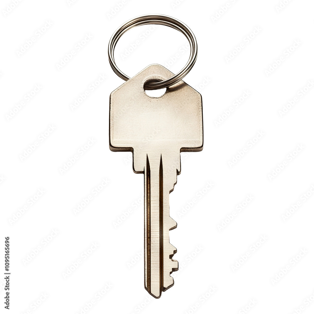 Metallic house key with a keyring, isolated on transparent cutout background Metallic house key with a keyring, isolated on transparent cutout background