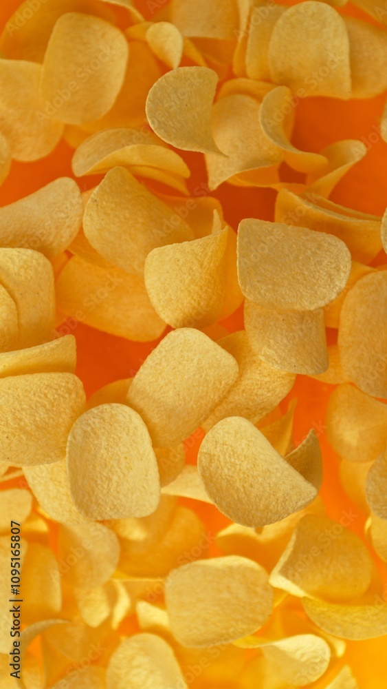 Freeze motion of flying fried potatoes chips on gradient yellow background Freeze motion of flying fried potatoes chips on gradient yellow background