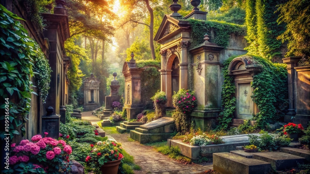 Fototapeta premium Vintage Style Photography of an Enigmatic Garden of Tombs Surrounded by Ancient Statues and Lush Greenery Evoking a Sense of History and Tranquility in Nature’s Embrace