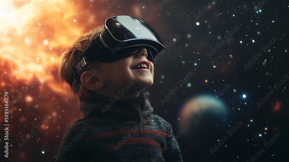 Smiling Kid Wearing VR Glasses with Space Background, Future Technology Virtual Reality Concept Smiling Kid Wearing VR Glasses with Space Background, Future Technology Virtual Reality Concept