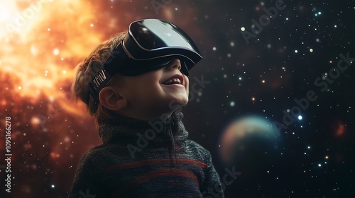 Smiling Kid Wearing VR Glasses with Space Background, Future Technology Virtual Reality Concept