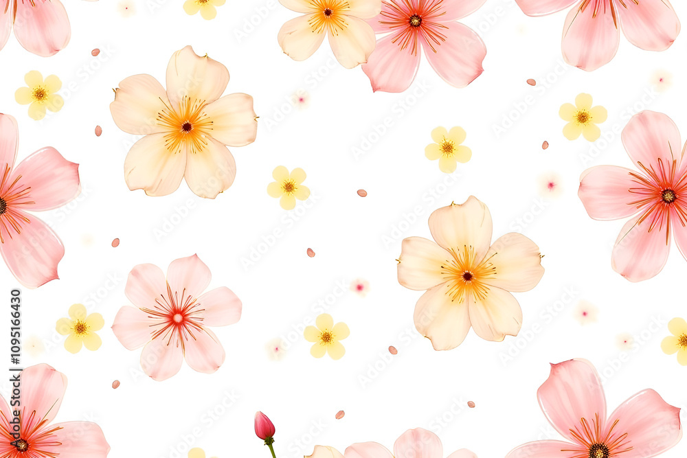 Obraz premium Bright, seamless cherry blossom pattern with pink and yellow flowers on a white background, conveying a spring and floral theme