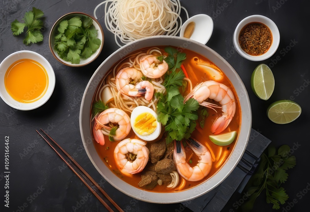 A bowl of Tom Yam soup with shrimp, noodles, and other ingredients, served with chopsticks on the side