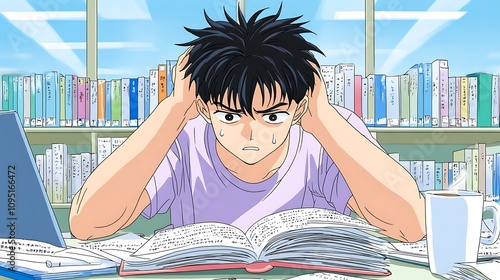 Anxious Anime Boy Studying with Books and Coffee