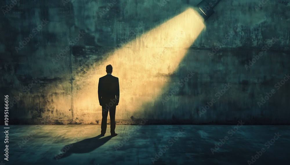 Obraz premium Successful Employee: Businessman Standing Under The Light Of A Flashlight In Contemporary Art Collage, Symbolizing Leadership, Career Growth, And Motivation.