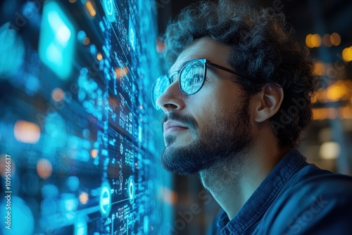 Cloud engineer managing cloud infrastructure, with digital screens,