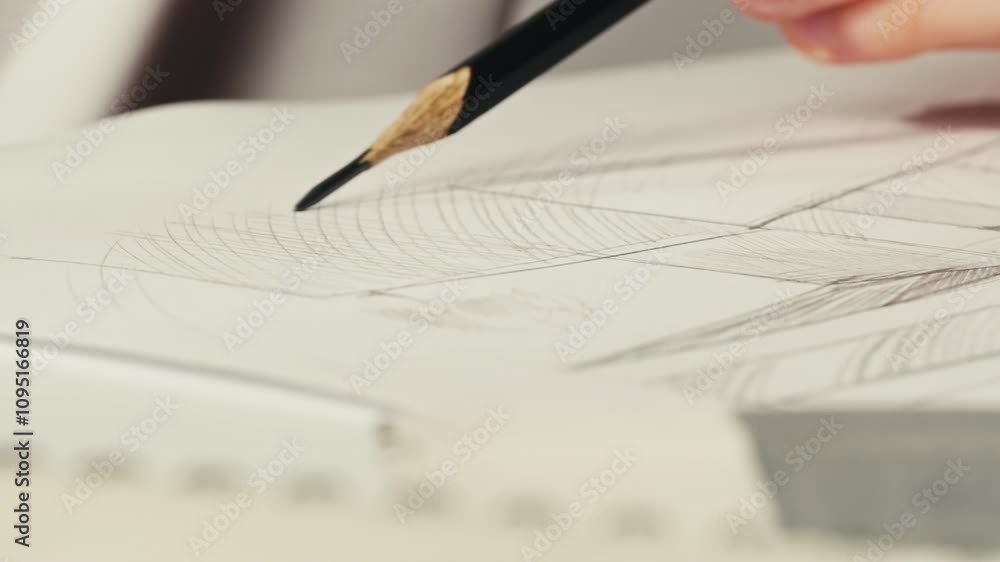 Close-up of drawing buildings by pencil on white paper. The architect making sketches for the projection of the building macro. Drawing and sketching lessons Close-up of drawing buildings by pencil on white paper. The architect making sketches for the projection of the building macro. Drawing and sketching lessons