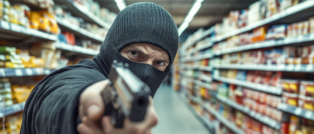 An Eastern European man in a balaclava points a gun at the camera while robbing a grocery store at night An Eastern European man in a balaclava points a gun at the camera while robbing a grocery store at night