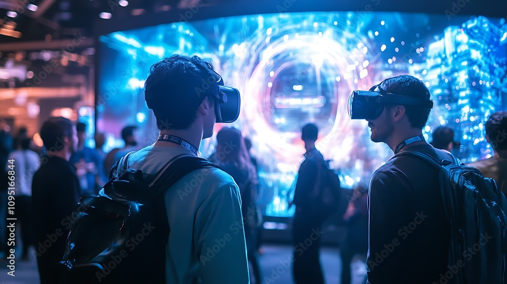 Two People Experiencing Virtual Reality At A Tech Show Two People Experiencing Virtual Reality At A Tech Show