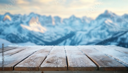 Winter Wonderland: Snow-Covered Wooden Desk In The Alps With Blurred Mountain Background. Perfect For Christmas Decorations With Empty Space. photo