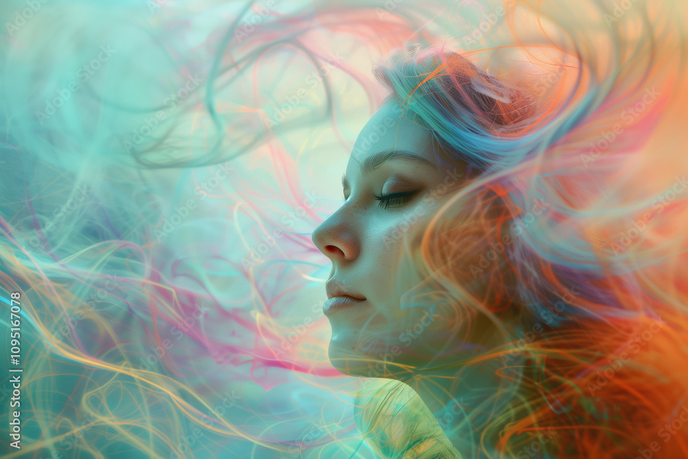 Profile of a woman with long colorful hair against an ethereal background. Profile of a woman with long colorful hair against an ethereal background.