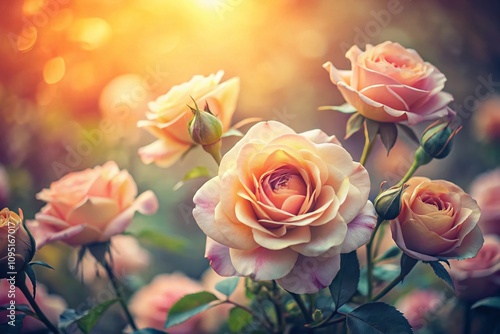 Vintage Style Photography of Beautiful Roses in Soft Pastels with a Nostalgic Feel, Capturing the Elegance and Timelessness of Nature's Blooms in a Romantic Setting