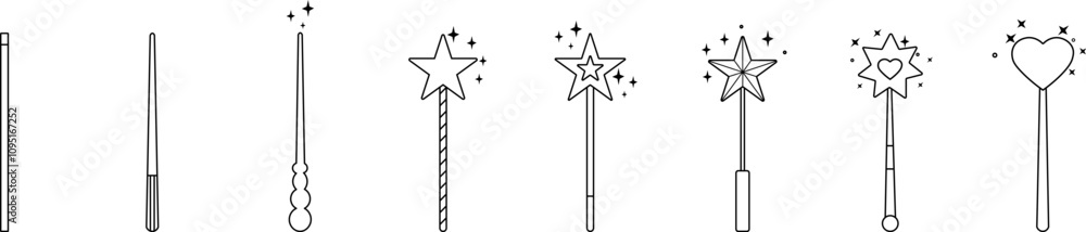 Magic wands doodle set. Fairy tale element.in sketch style. Vector illustration of fairy magic wand isolated on white background. Magic wands doodle set. Fairy tale element.in sketch style. Vector illustration of fairy magic wand isolated on white background.