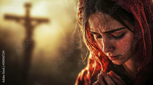 Mary Magdalene prays under the cross of Jesus