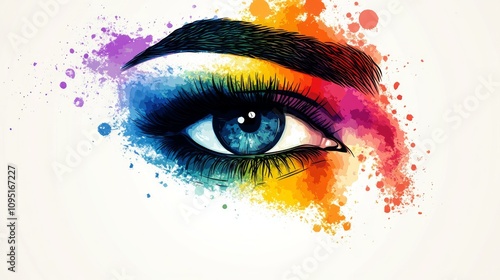 Colorful eye makeup, vibrant watercolor splash background.