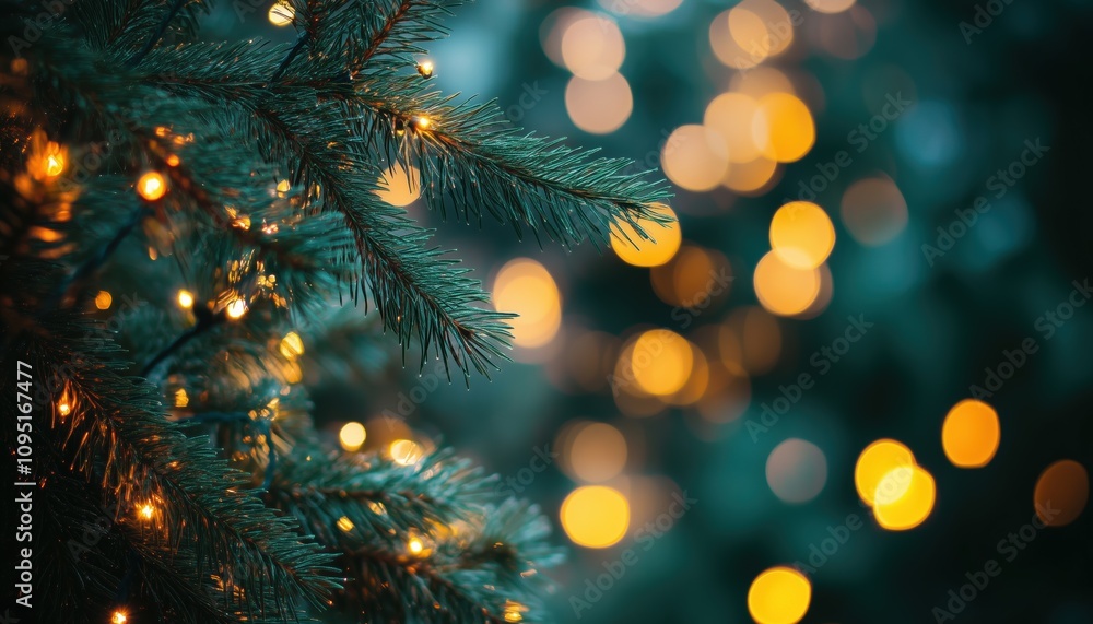 Stunning Christmas Scene With Blurred Christmas Tree Lights In The Evening. Perfect For A Festive And Magical Atmosphere. Ideal For Holidays. Stunning Christmas Scene With Blurred Christmas Tree Lights In The Evening. Perfect For A Festive And Magical Atmosphere. Ideal For Holidays.