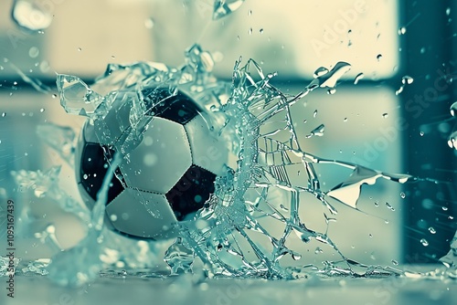 soccer ball in glass shards.  copy space photo