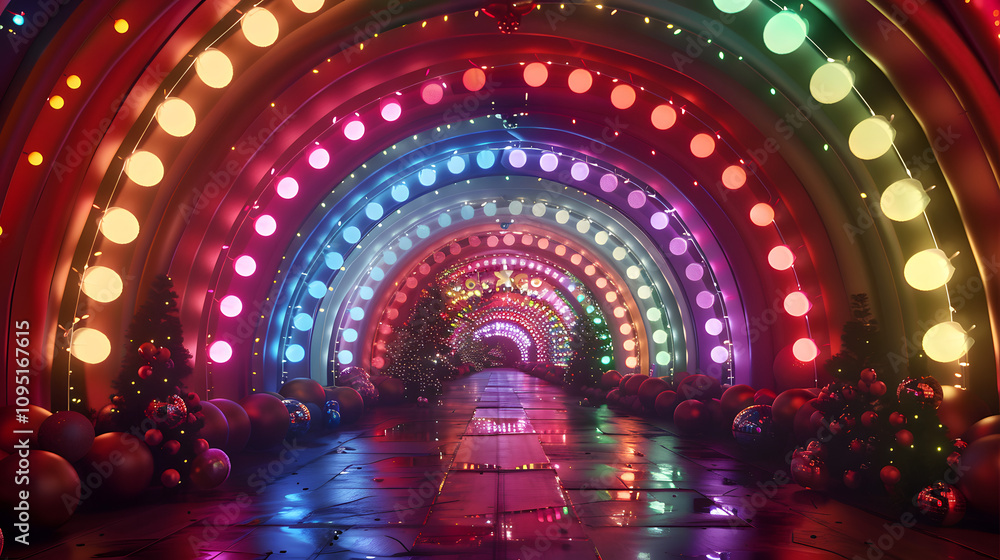 Obraz premium Christmas lights on a busy street with lots of people.stunning hues of the nightlight tunnel as a backdrop. The day of happiness is depicted in every decoration.