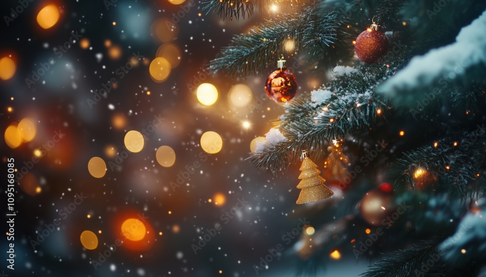 Festive Christmas Tree And Decorations Covered In Snow, Blurred Effects, Sparkling And Glowing. Celebrating Happy New Year And Xmas Theme. Festive Christmas Tree And Decorations Covered In Snow, Blurred Effects, Sparkling And Glowing. Celebrating Happy New Year And Xmas Theme.