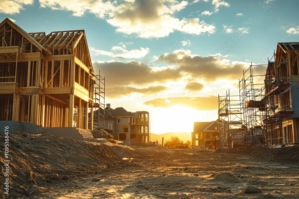 Fototapeta premium Newly constructed modern family houses at a construction site during a vibrant sunset with scaffolding in view