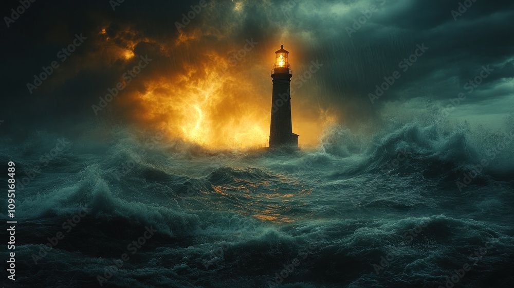 A dramatic lighthouse stands amid turbulent waves and stormy skies, symbolizing safety and resilience. A dramatic lighthouse stands amid turbulent waves and stormy skies, symbolizing safety and resilience.