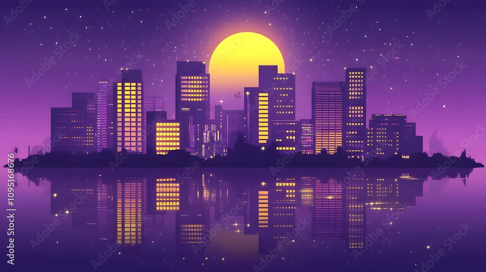 Naklejka premium A purple city skyline with the moon rising in front of it. In retro wave style, 80s, 90s, vaporwave aesthetic