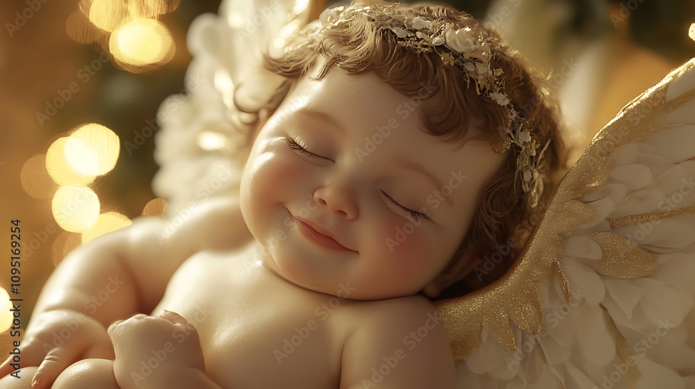 A Sleeping Angel Figurine with Golden Wings and a Floral Headband A Sleeping Angel Figurine with Golden Wings and a Floral Headband
