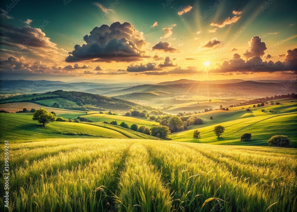 Obraz premium Vintage Style Photography of Serene Grass Fields in Soft Light, Capturing the Essence of Nature's Beauty and Tranquility in a Rustic Landscape Setting