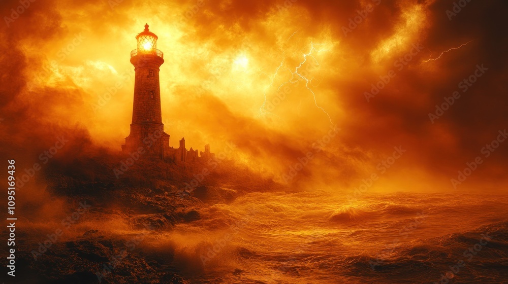 A dramatic lighthouse stands against a stormy, fiery sky, illuminating turbulent waters. A dramatic lighthouse stands against a stormy, fiery sky, illuminating turbulent waters.