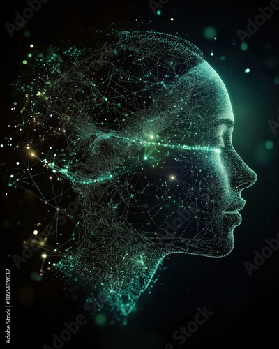 Artificial intelligence: human face emerging from futuristic green network