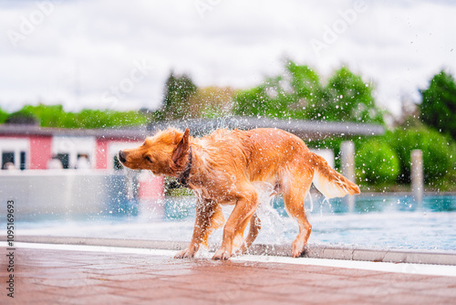 Golden Retriever Shaking Off Water After Swimming in a Pool on a Hot Summer Day