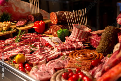 Wide range of processed and raw meat chunks on the table. Sausages and raw meat chunks. Handmade meat goods concept.