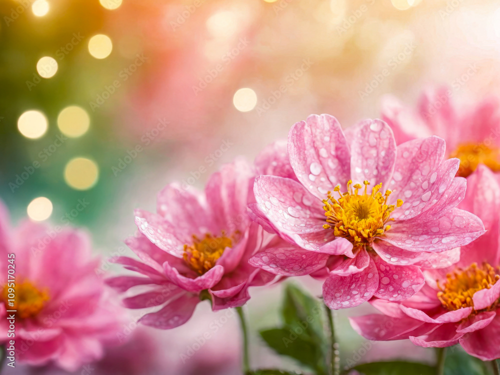 Pink Flowers with Dew Drops and Bokeh Background Pink Flowers with Dew Drops and Bokeh Background