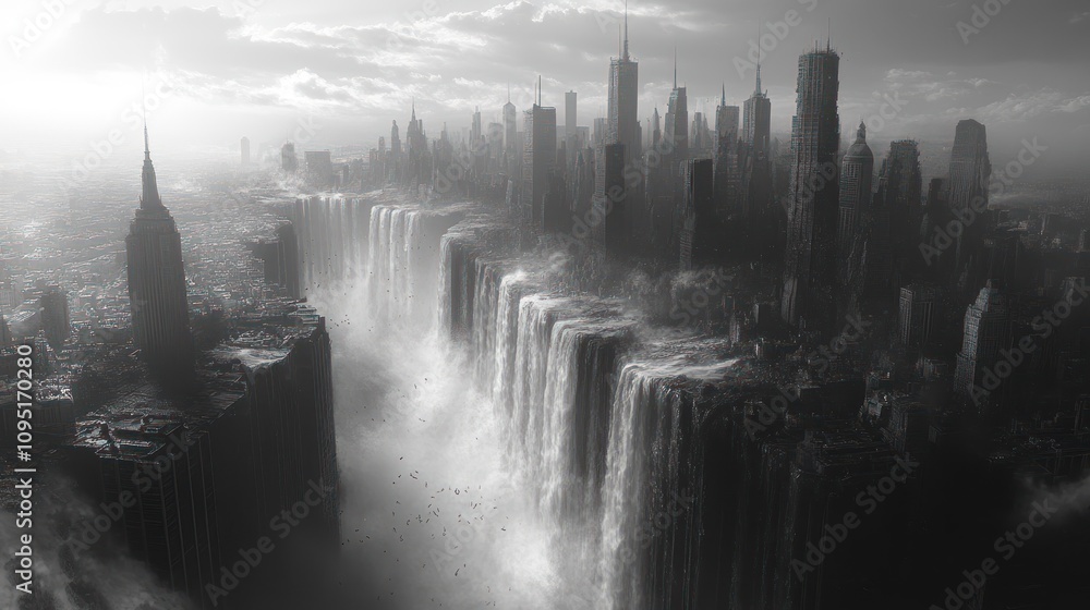 Fototapeta premium A surreal cityscape featuring cascading waterfalls amidst skyscrapers in monochrome.
