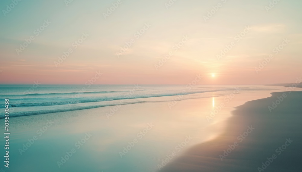 Fototapeta premium Tranquil Beach Landscape With Soft Morning Sky And Healthful Sunlight Creating A Serene Atmosphere Of Freedom And Cleanliness