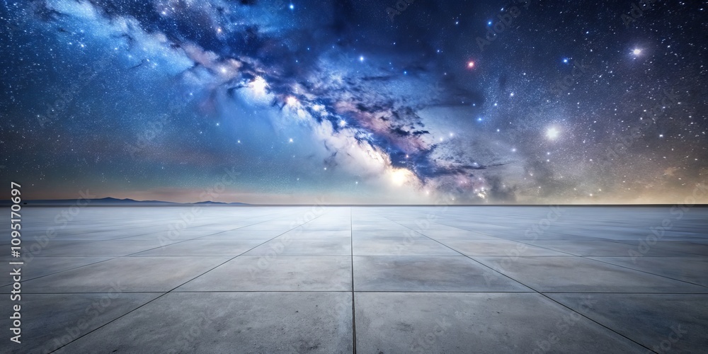 Starry Night Sky Above a Concrete Floor with a Distant Mountain Silhouette Starry Night Sky Above a Concrete Floor with a Distant Mountain Silhouette