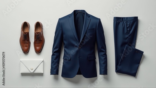 Men's Navy Blue Suit, Brown Leather Shoes, and White Envelope Clutch photo