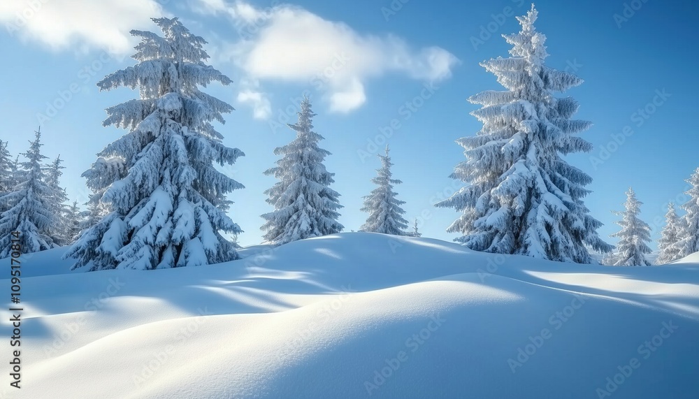 Naklejka premium Winter Wonderland: Stunning View Of Snow-Covered Fir Trees, Snowdrifts, And Seasonal Greeting For Christmas And New Year Celebrations. Copy-Space Provided For Custom Messages.