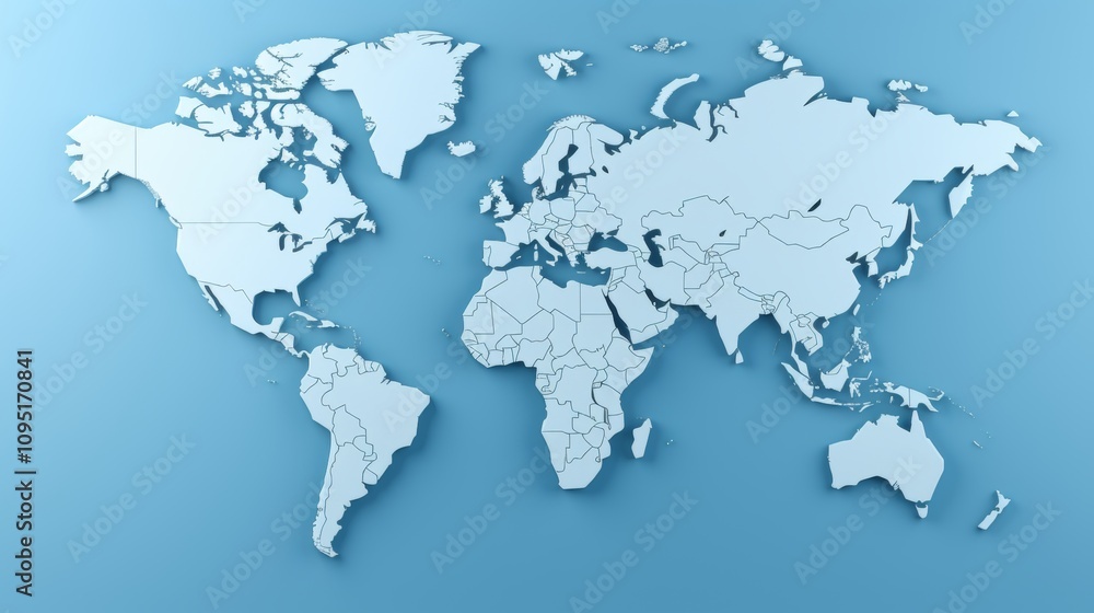 Minimalistic 3d world map design on soft blue gradient background for elegant presentation Minimalistic 3d world map design on soft blue gradient background for elegant presentation