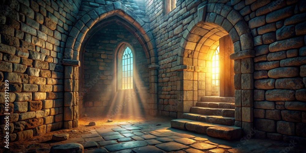 Obraz premium Stone Archway with Golden Light Streaming Through - A Digital Illustration of a Stone Interior with Two Arches and Sunlight Streaming Through One